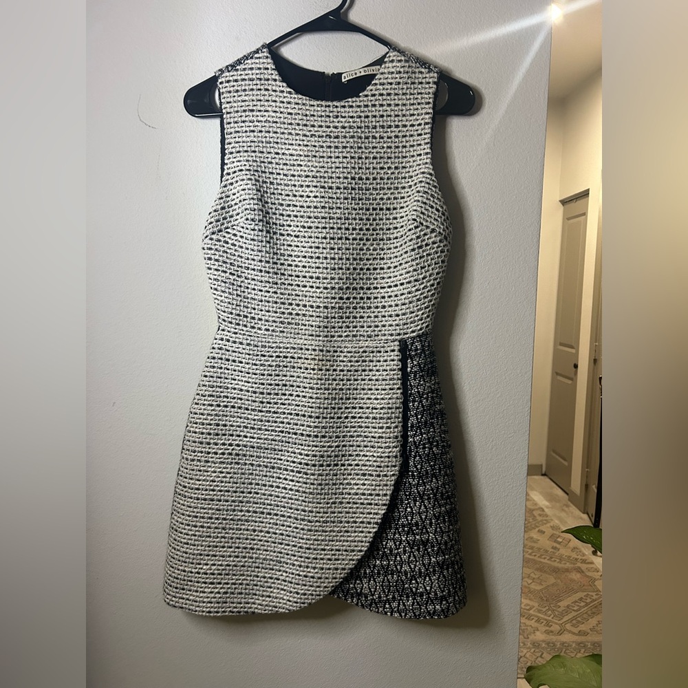 Alice + Olivia Black and White Tweed Tulip Mini Dress
